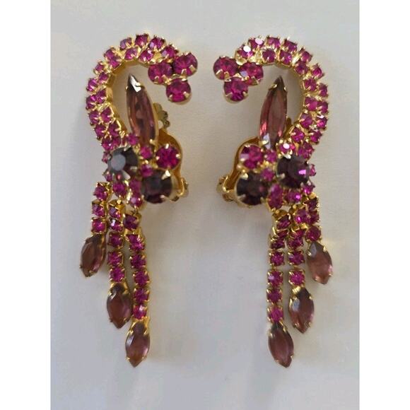 VTG Juliana Delizza Elster Earrings Purple Pink Ornate Dangle Waterfall Clip On - Picture 3 of 12